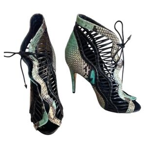 Ted Baker Georgeea Snakeskin Lace Up Open Toe Booties 38 US 7 Leather